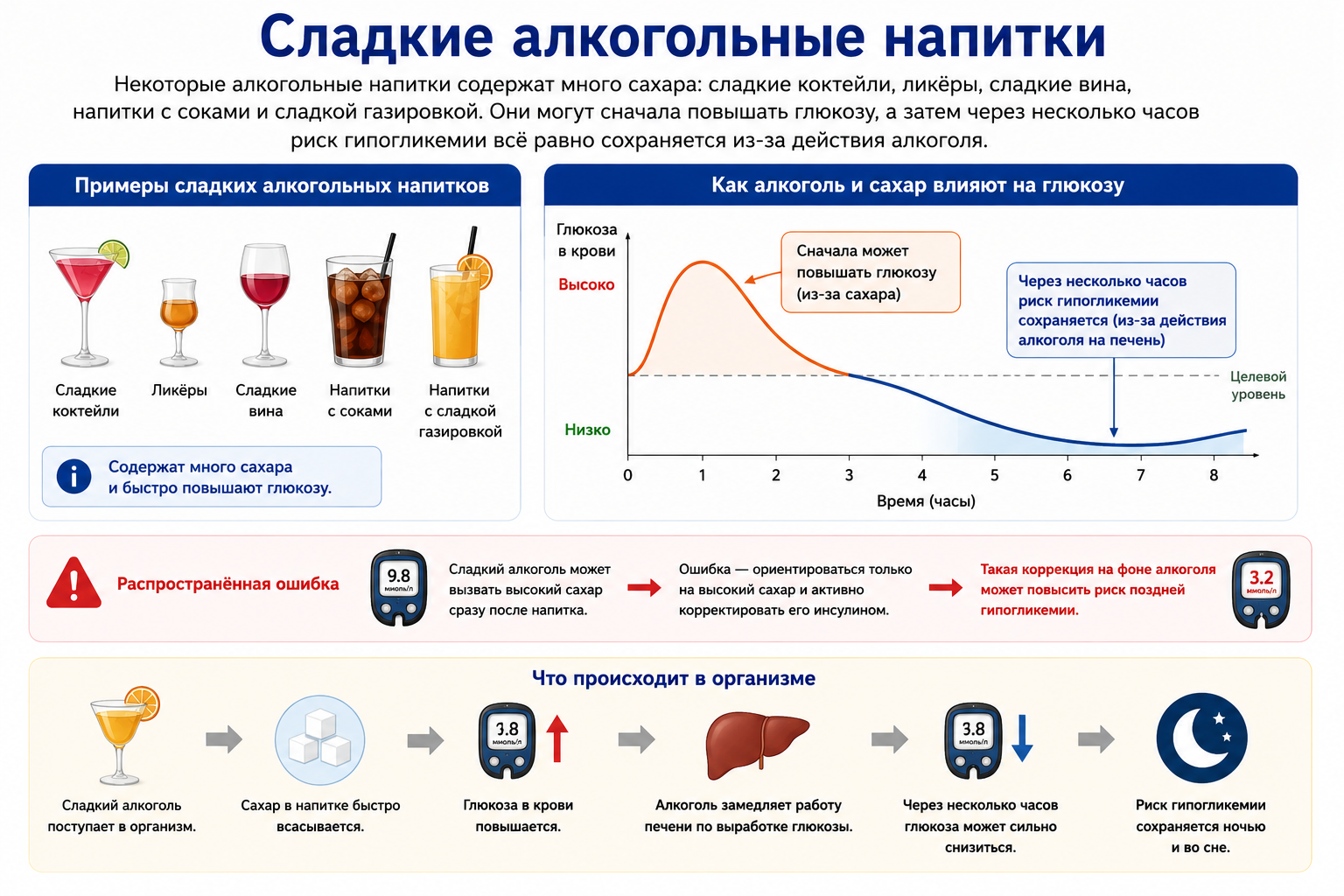 Главный риск алкоголя на инсулине — поздняя и ночная гипогликемия.