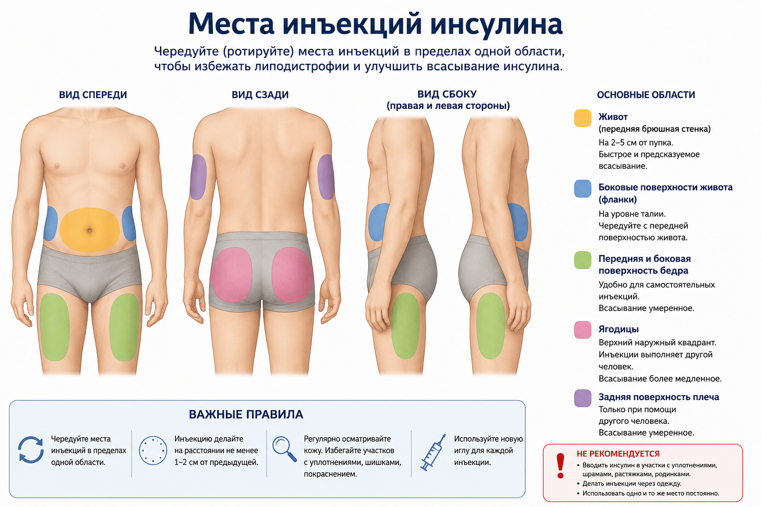 Основные зоны подкожного введения инсулина: живот, бедро, плечо и ягодичная область.
