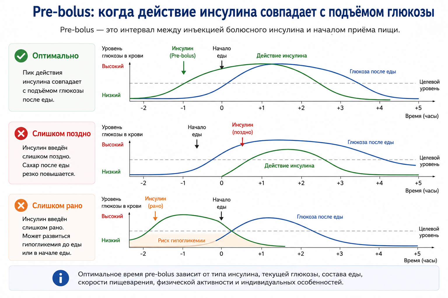 Пик действия инсулина и пик повышения глюкозы после еды могут совпадать или не совпадать.
