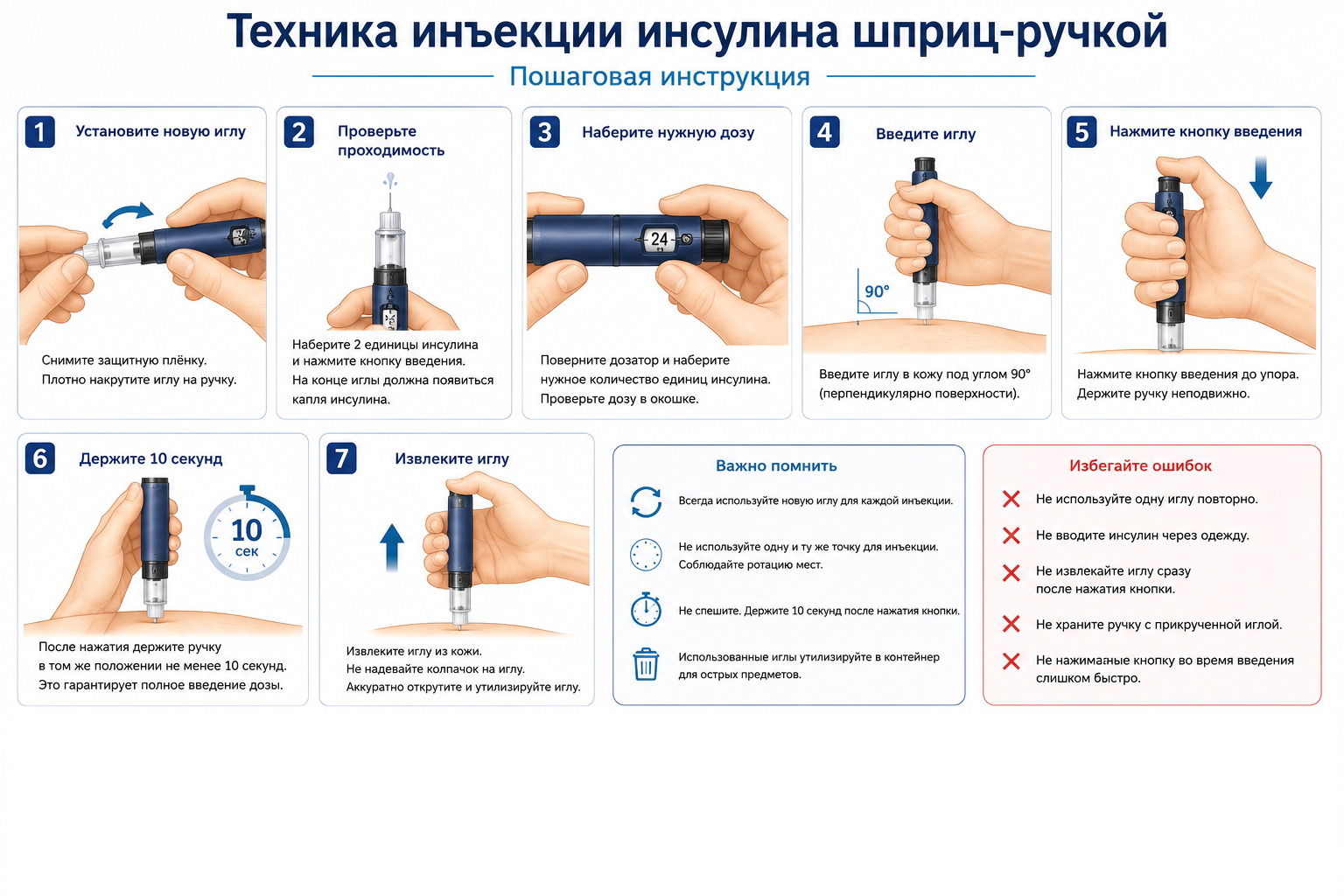 Базовая последовательность инъекции шприц-ручкой: проверка препарата, новая игла, пробный выпуск, введение и пауза.